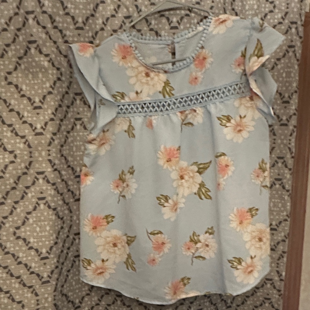 Floral Blue Blouse with Ruffle Sleeves